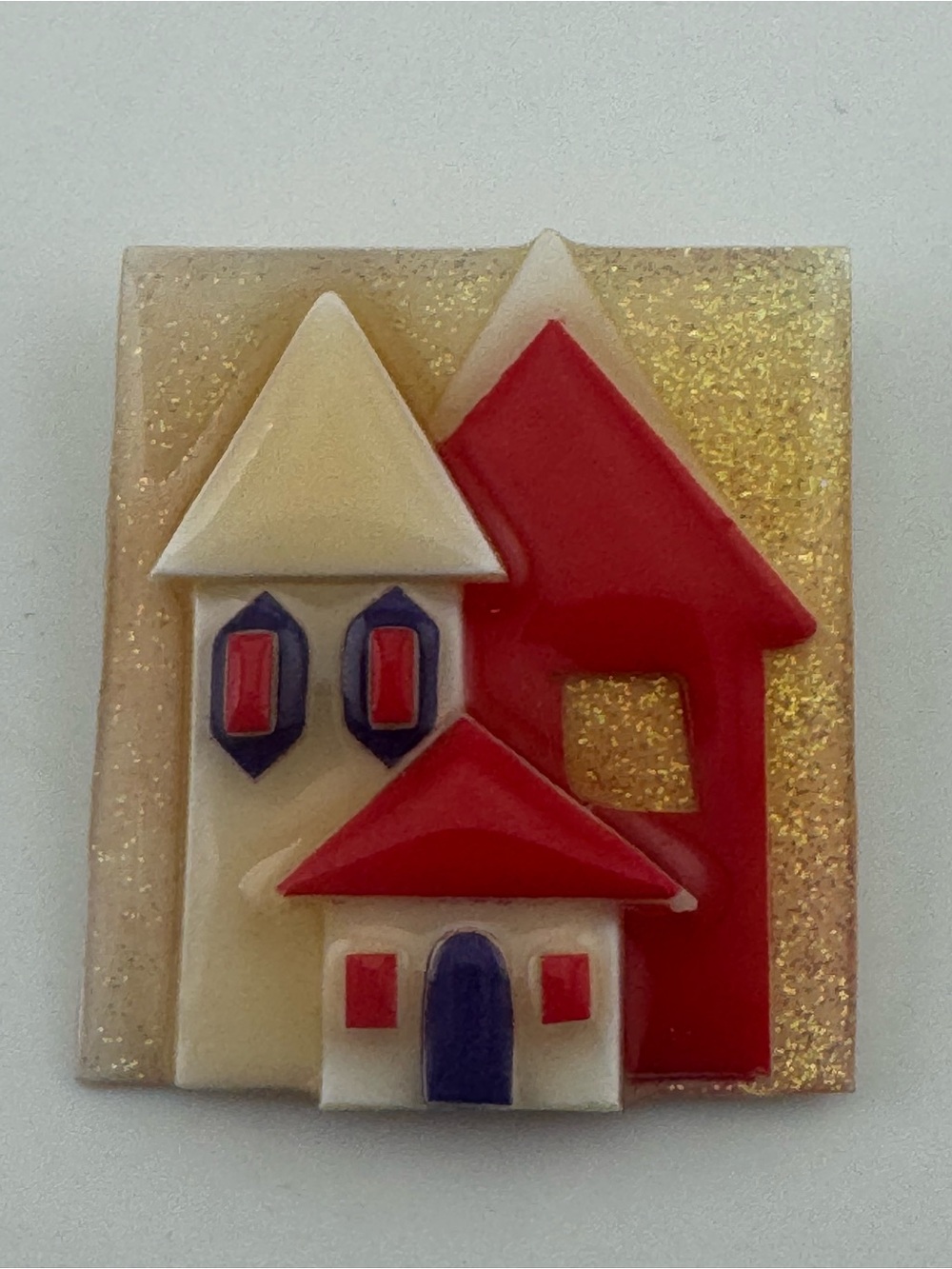 Vintage Lucinda Whimsical Village House Brooch Pin Acrylic Art Wear